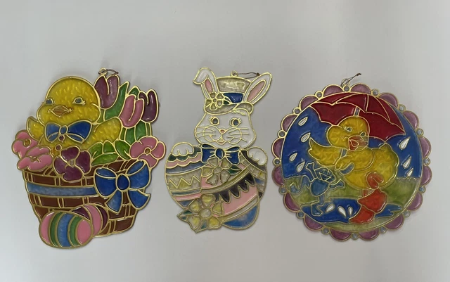 3 Vintage Plastic Stained Glass Sun Catchers Spring Easter Bunny Egg Duckling