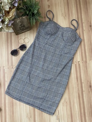 Haute Monde Hounds Tooth Plaid Black & White Fitted Corset Dress sz small