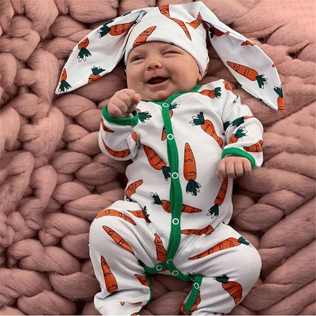 Infant Baby Easter Carrot Long Sleeve Jumpsuit Clothes Romper Bunny Ear Hat Set