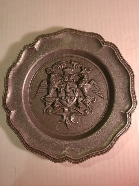 Antique Spain Shield  Pewter Plate Embossed with Crown and  Two Flying Dragons
