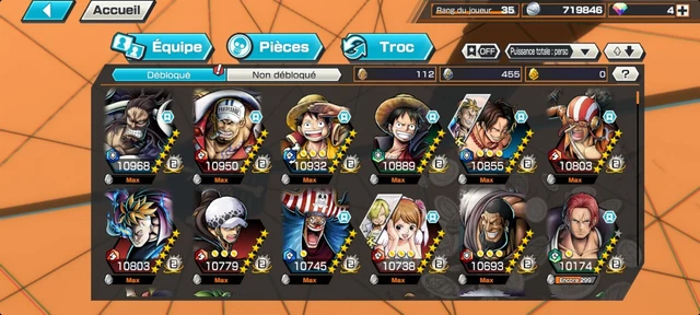 COMPTE ONE PIECE Bounty rush OPBR 5 Ex(Kaido+Luffy+Akainu+Shanks+roger