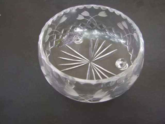 Vintage Bohemia Czech Hand Cut Crystal Floral Design  Large Bowl Excellent Gift