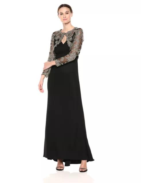 Tadashi Shoji Gown Dress Embroidered Long Sleeve Sheer Gold Floral Womens 8