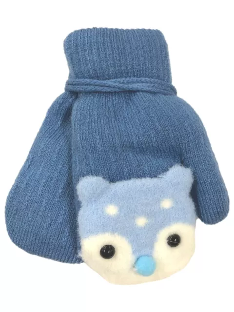 Toddler Boys Blue Sherpa Lined Teddy Bear Mittens with String Attachment