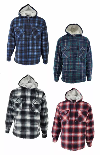 Mens Lumberjack Work Padded Thick Fleece Lined Sherpa Fur Check Hooded Shirt UK