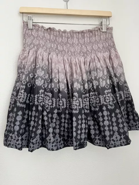 Mini Skirt Women's Size Medium M Cotton Boho Purple Gray Ikat Print Pull Smocked