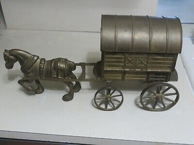 Brass Horse And Buggy Stagecoach Wagon Opening Wagon Top,Wheels Turn Display