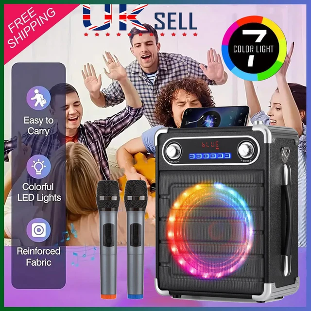PORTABLE BLUETOOTH SPEAKER Wireless Dual Microphone Party Bass Karaoke ...