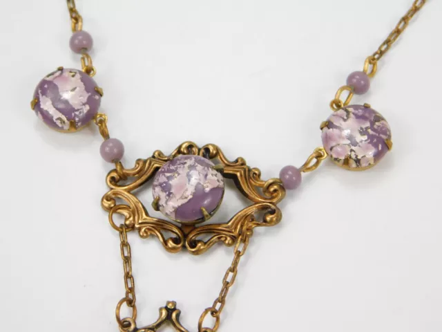 Vintage Czech Glass Brass Festoon Pendant Necklace 19.5" Long Purple Swirl 3