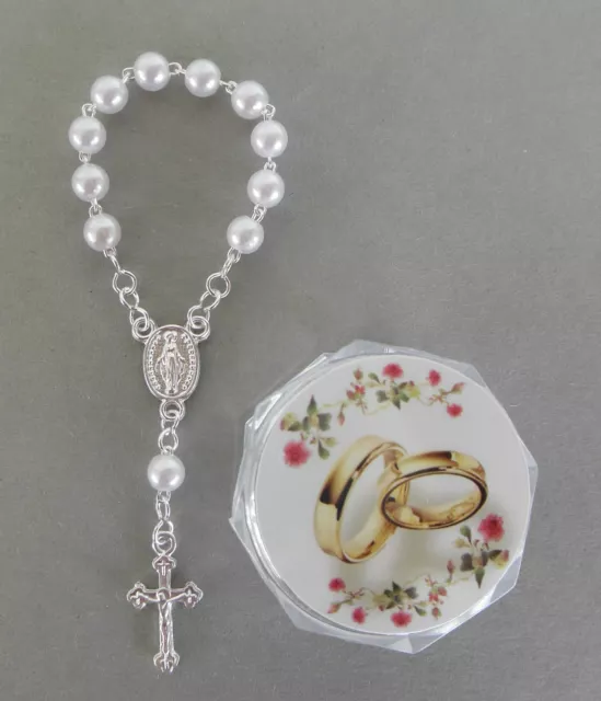Hochzeit Rosenkranz EHE weiße Perlen mit Schatulle Motiv: Eheringe SO4