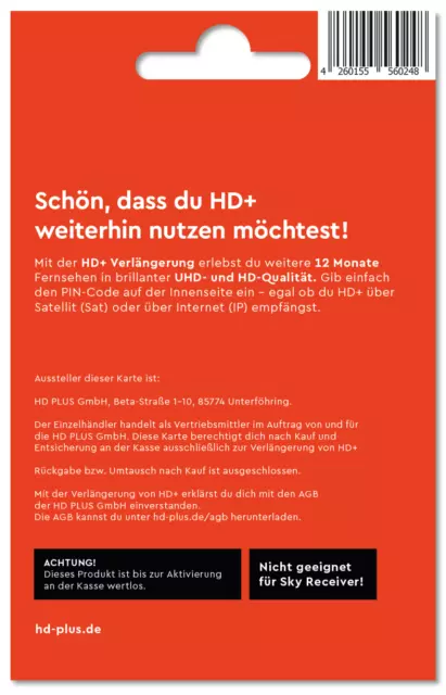 HD+ Plus Verlängerung TV HD Empfang 12 Monate für TV Karten 01 02 03 04 05 Neu 3