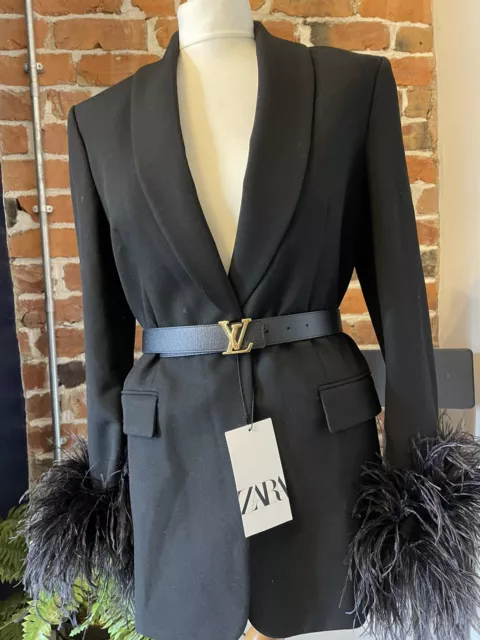 ZARA Black Straight Oversized Blazer With Feather Cuffs XS BNWT