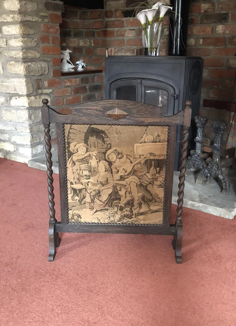 Antique Fire Screen Guard Wood Tapestry Barley Twist Columns Turned Hand Carved