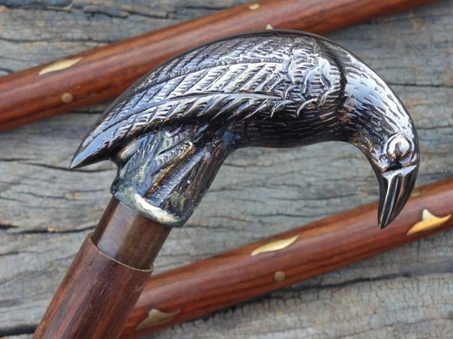 Canne de marche en bois à tête de corbeau sculptée à la main - 37 pouces, 2 plis - Canada