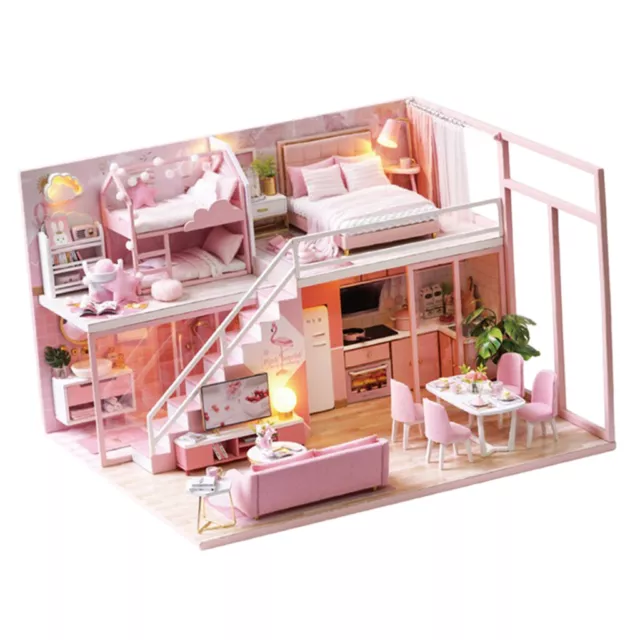 Assembly 1/24 Wood DIY Dolls House Kit The Bedroom Pink with Furniture