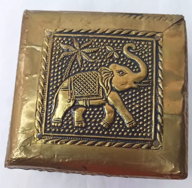 Embossed Brass Covered Wood Trinket Box Hinged Lid Elephant 3" x 3" x 2.25"