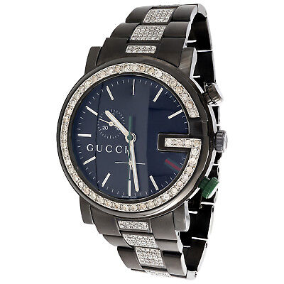 Diamond Gucci Watch Mens 101G Ya101331 Black PVD Chronograph Iced Band 4 CT.