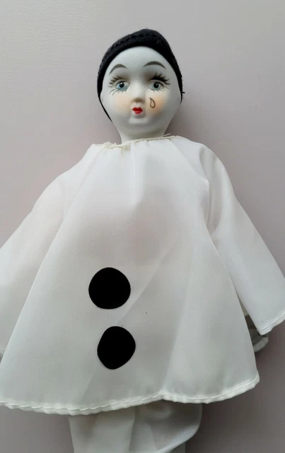 Vtg Pierrot Mime Doll Figure B&W Tear Clowm Bisque Porcelain Hands Feet + Cloth 10