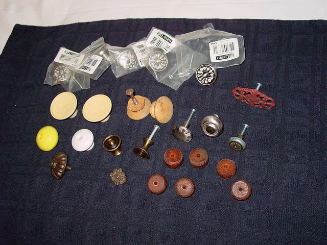 Junk Drawer Lot 25 Drawer Cabinet Knobs Pulls Hardware Wood Metal New Vintage