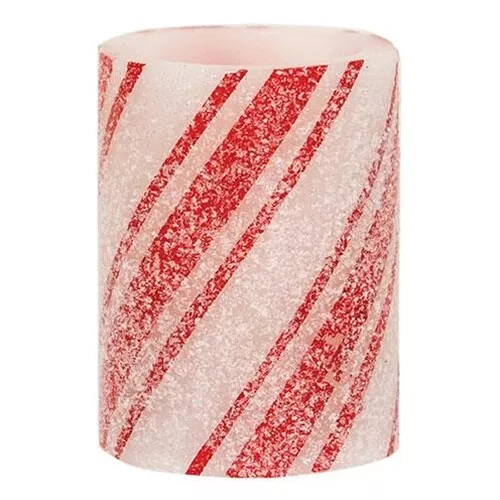 NEW Christmas CANDY CANE CANDLE 4"x 3" Glittered PILLAR LED Timer Primitive