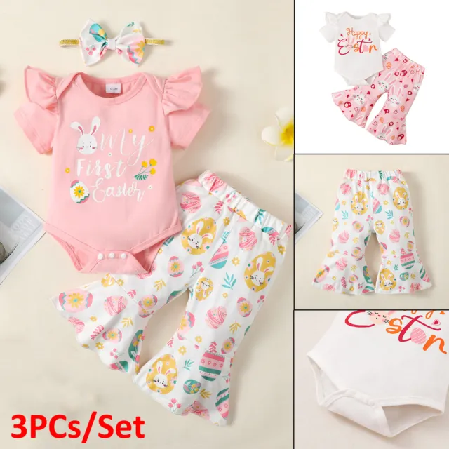 Kids Newborn Baby Girls Clothes Ruffle Romper Floral Pants Easter Outfits Set US