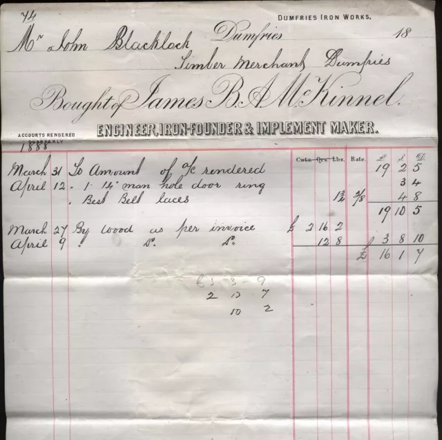 1888 DUMFRIES IRON WORKS - James B.A. McKinnel - IRON FOUNDERS - ENGINEERS