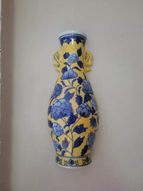 Vintage Chinese Blue & Yellow Porcelain Wall 10" Vase Wall Pocket Wall Planter