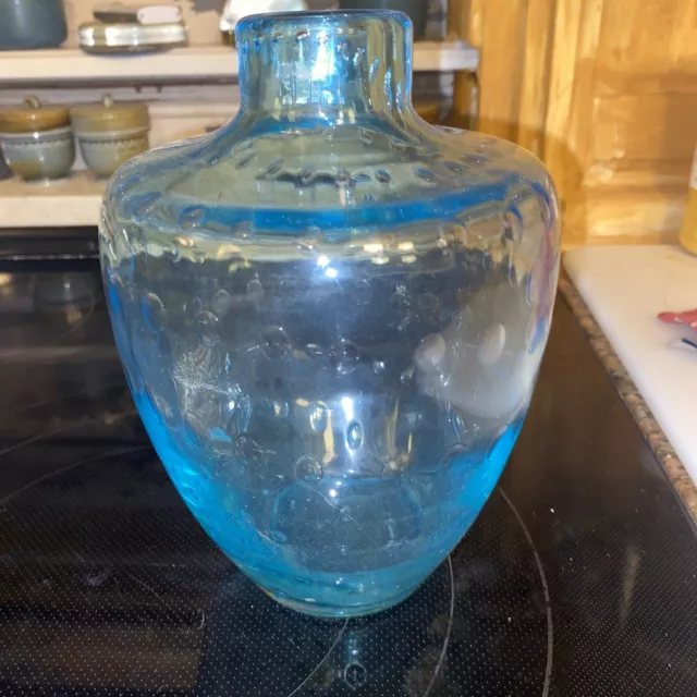Vintage Light Peacock Blue Italian Glass Vase Control Bubbles Heavy Thick 7x5