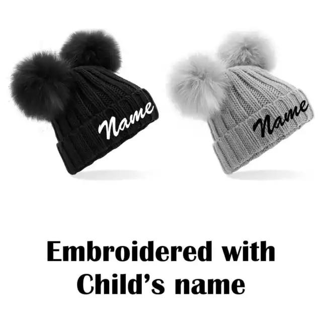 Boy Girl Kids Faux Fur Double Pom Pom Beanie Hat Personalised Embroidered Name