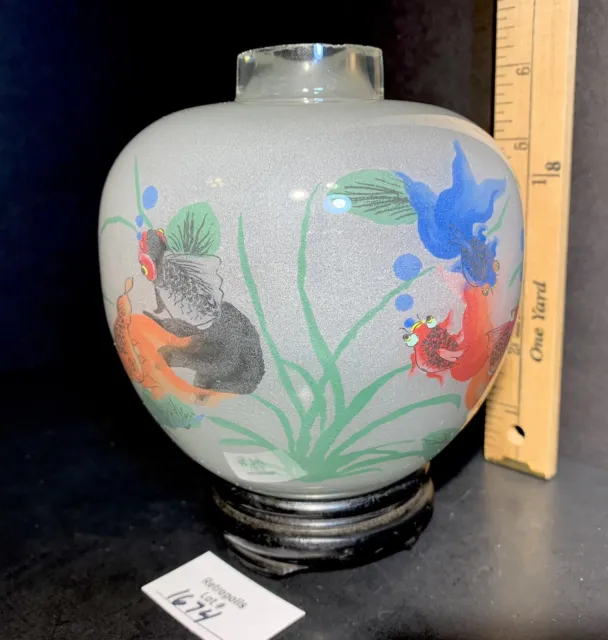 Large Vintage Frosted Glass Snuff Bottle Reverse Painting Chinese Koi Fish