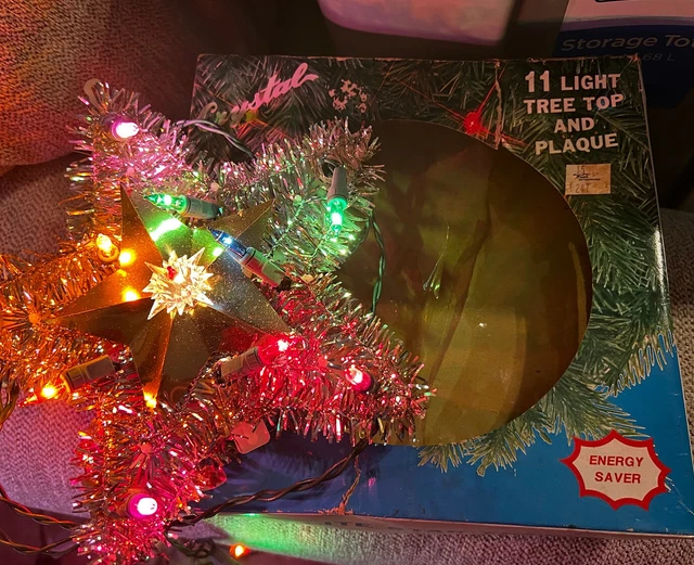 Vintage Crystal Tinsel Wreath Star Lighted Christmas Tree Topper Retro Reflector