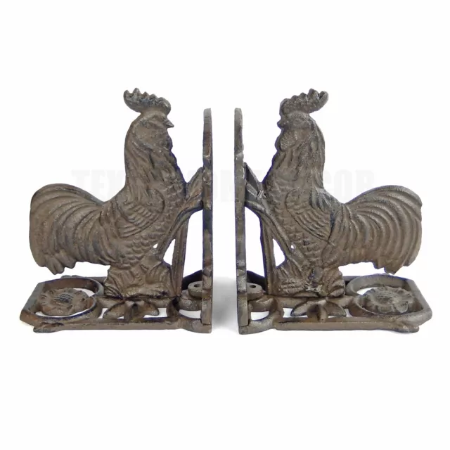 2 Rooster Bookends Set Floral Accents Western Antique Style Rustic Cast Iron