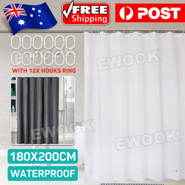 Extra Long Shower Curtain Waterproof Fabric With Hooks Weighted Hem 180x200cm AU