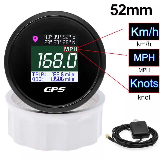 52mm Digital GPS Speedometer Gauge 0-999MPH Knots Km/h Adjustable For Car Boat