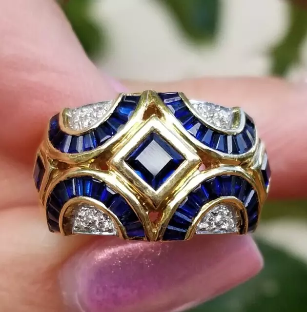 Designer Levian Blue Sapphire Diamond Wide 18k white gold ring