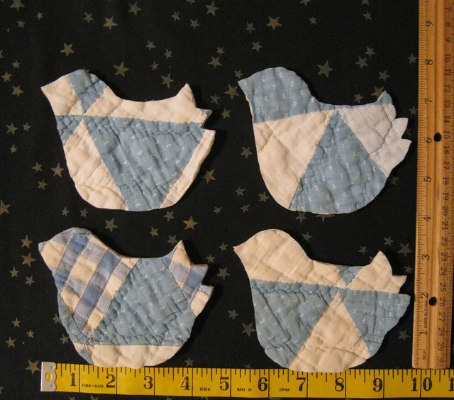 4 Vtg antique cutter quilt chickens 4" apx blue Farm Barn Craft Applique FUN
