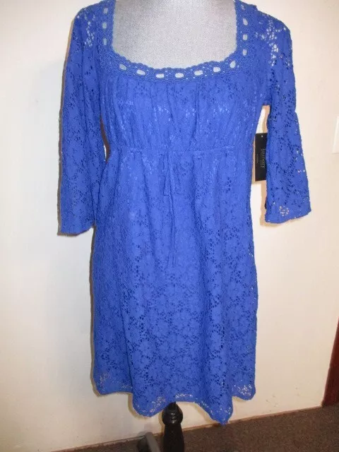 NWT Laundry Shelli Segal Dress Blue Eyelet Lace Crochet Drawstring Dress   M