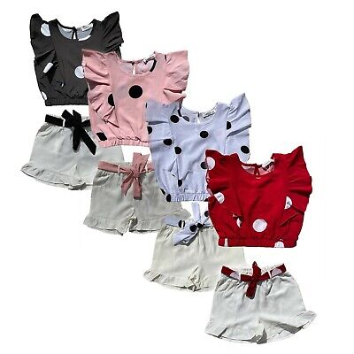 Girls Kids Short Sleeve Set Outfits Summer Spotted Top 2 Piece Set Ages 4-14