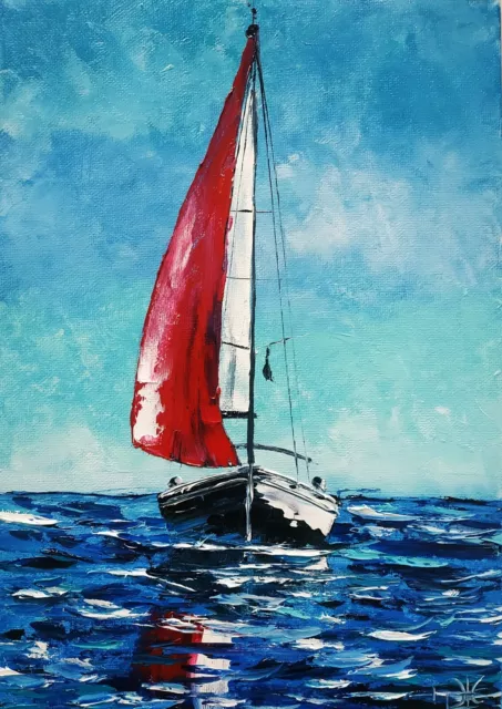 Impasto Oil Painting Sailboat Art Seascape Original Artwork Boat Painting