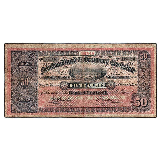 50 Cents 1913-14 Newfoundland Government Cash Canada Note NF-8d - Hole
