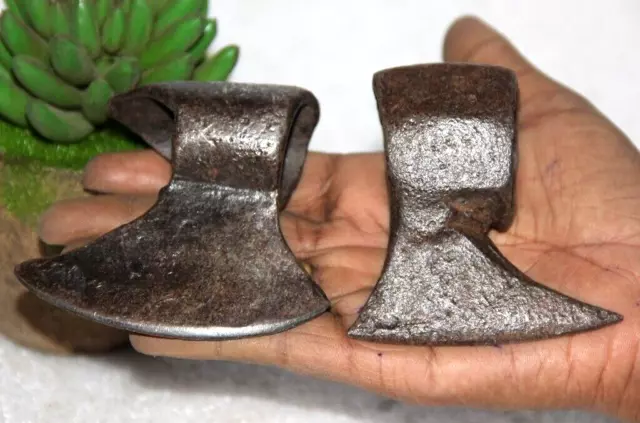 1850's Antique 2PC Hand Forged Solid Iron Axe Head Nice Shape Collectible 13598