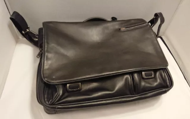 TUMI Mens Leather Laptop Briefcase Work Travel Brief BLACK Used Alpha Crossbody 2