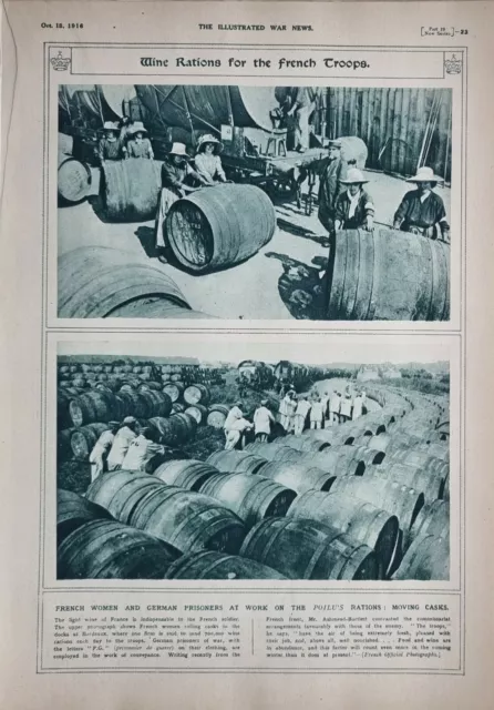 1916 Wwi Ww1 Print French Troops Wine Rations French Women & German Prisoners