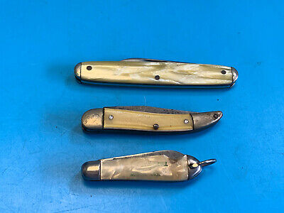 Old Vtg Collectible Lot Of Three Folding Pocket Knives Abalone Shell / Faux MOP