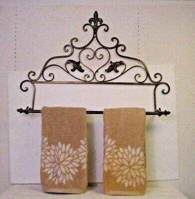 Vtg Victorian wrought iron antiqued gold & black scroll wall mount towel bar