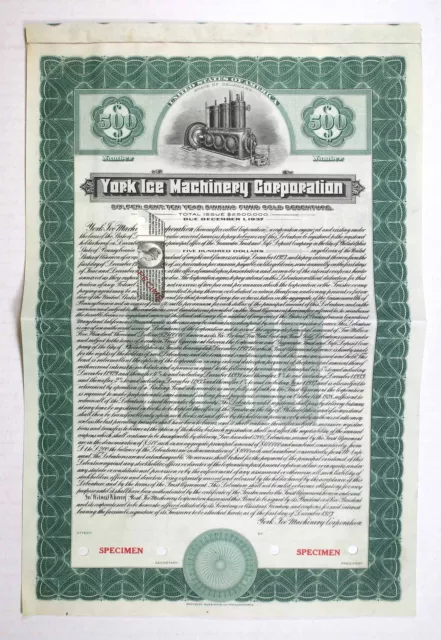 York Ice Machinery Corp., 1927. $500 Production Specimen 6% Bond F-VF. SBNC