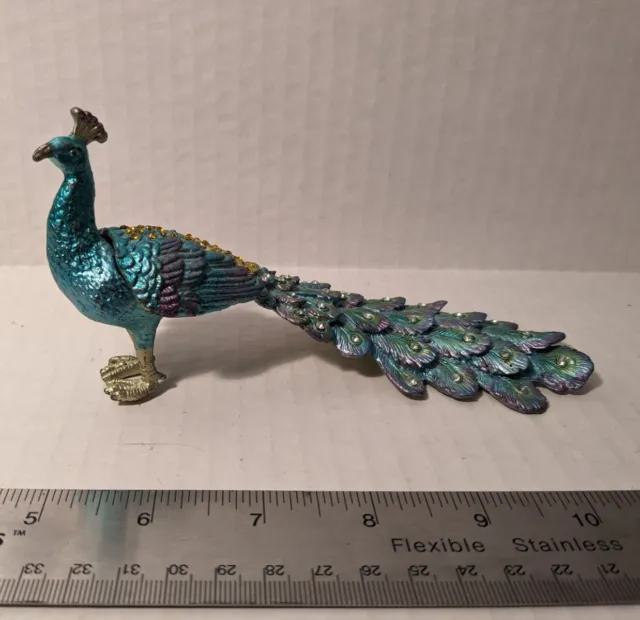Peacock Hinged Trinket Box Pill Box Hand Crafted with Crystals Enamel - 6"