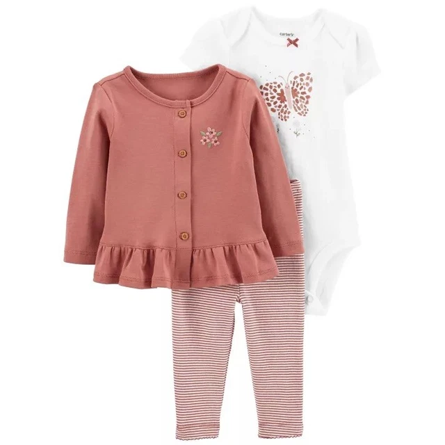 New Carter's 3 Pc Baby Girl Infant Pants Bodysuit Cárdigan Set Outfit 12 Months