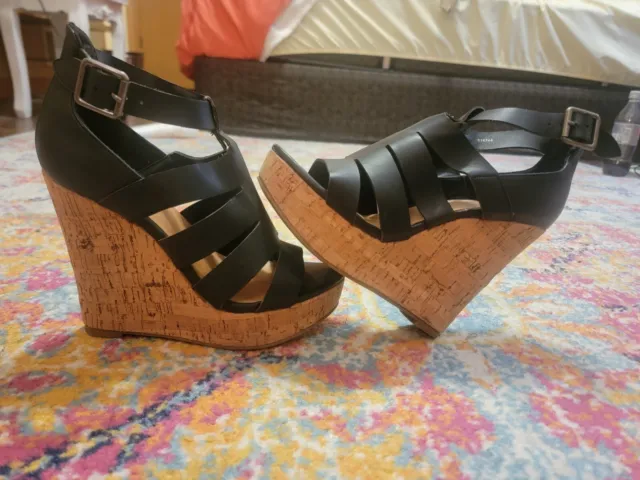 Charlotte Russe Black Strappy Wedge Heels Size 7