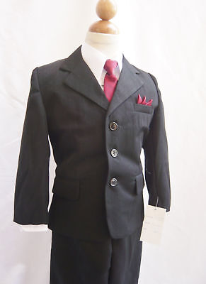 boys black pinstripe suit with red tie and handkerchief formal suit wedding